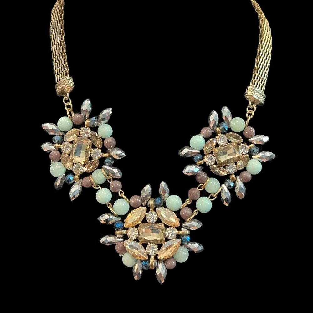 Nastasha Mint Gold Rhinestones Beaded Clusters Statement Necklace